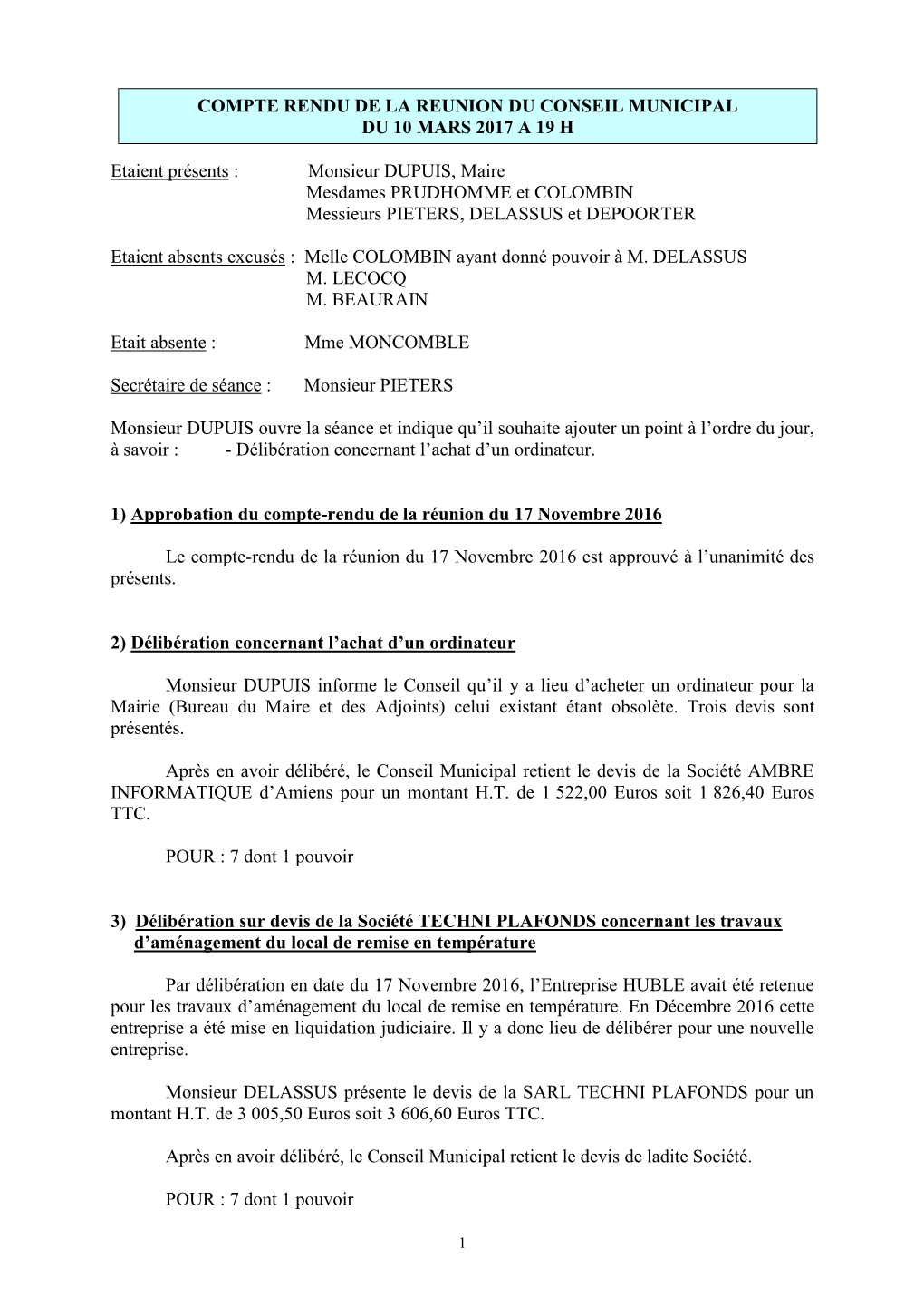 Compte Rendu De La Reunion Du Conseil Municipal Du 10 Mars 2017 a 19 H