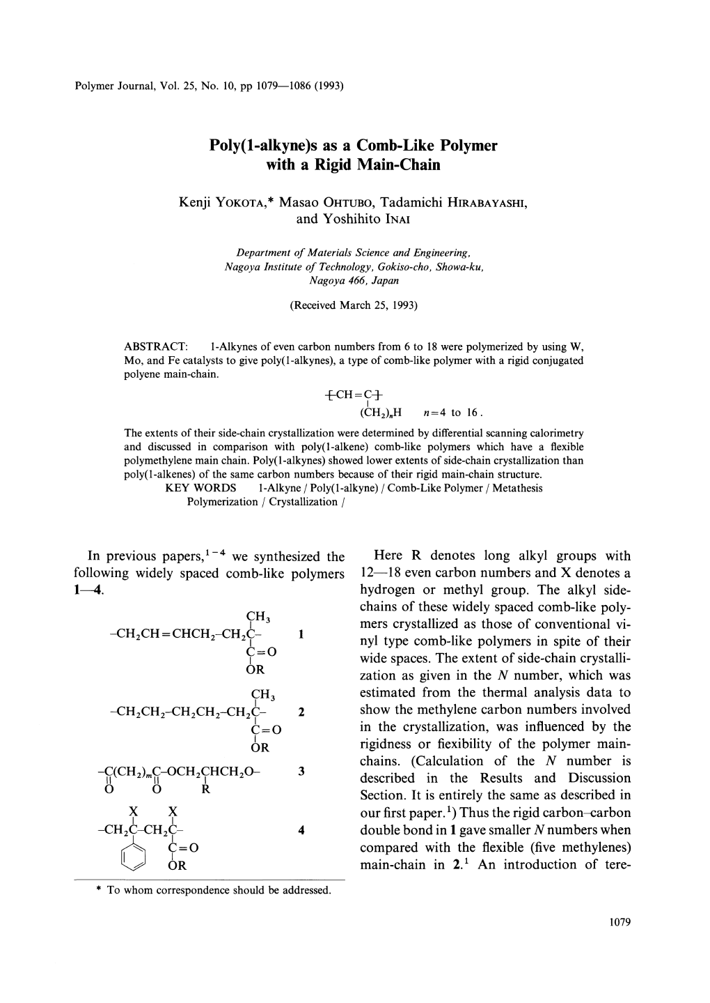 Poly(L-Alkyne)S As a Comb-Like Polymer with a Rigid Main-Chain