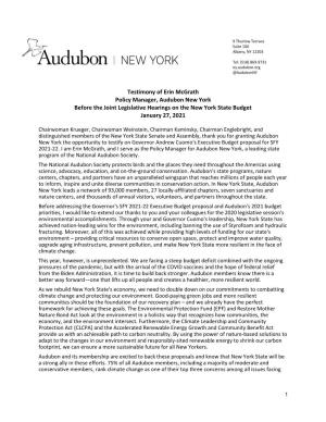 Audubon New York Before the Joint Legislative Hearings on the New York State Budget January 27, 2021