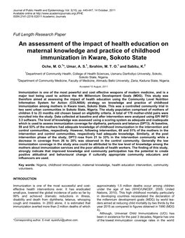 An Assessment of the Impact of Health Education on Maternal Knowledge and Practice of Childhood Immunization in Kware, Sokoto State