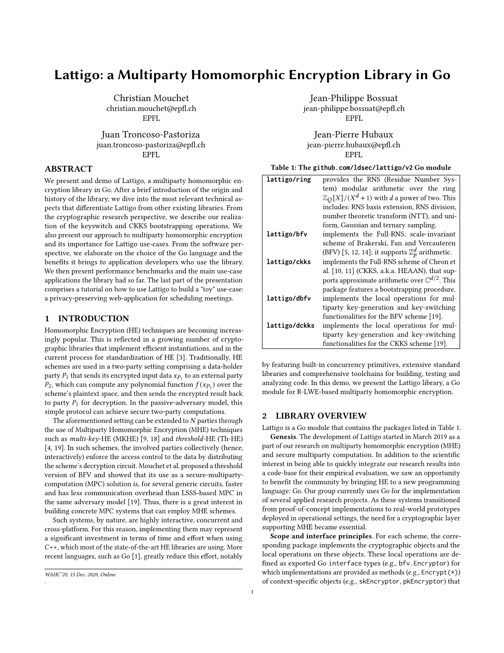 Lattigo: a Multiparty Homomorphic Encryption Library in Go