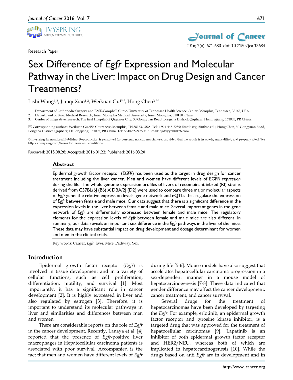 Sex Difference of Egfr Expression and Molecular Pathway in the Liver