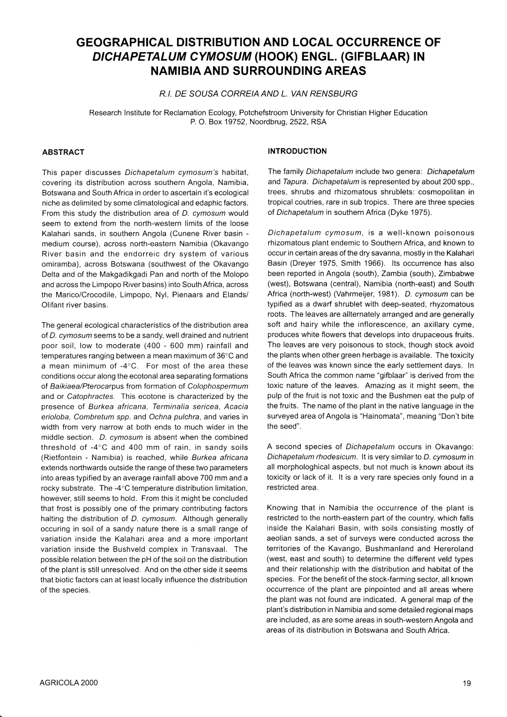 Geographical Distribution and Local Occurence of Dichapetalum