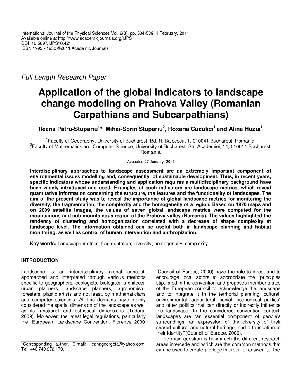 Application of the Global Indicators to Landscape Change Modeling on Prahova Valley (Romanian Carpathians and Subcarpathians)