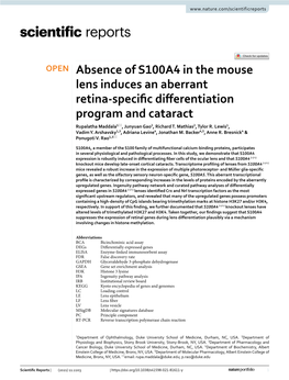 Absence of S100A4 in the Mouse Lens Induces an Aberrant Retina-Specific Differentiation Program and Cataract
