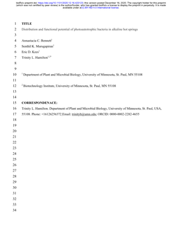 Distribution and Functional Potential of Photoautotrophic Bacteria in Alkaline Hot Springs 3 4 Annastacia C