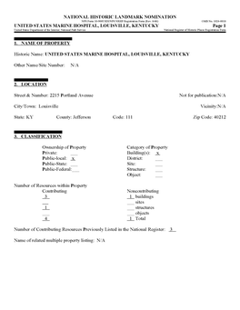 NATIONAL HISTORIC LANDMARK NOMINATION UNITED STATES MARINE HOSPITAL, LOUISVILLE, KENTUCKY Page 1 1. NAME of PROPERTY Historic Na