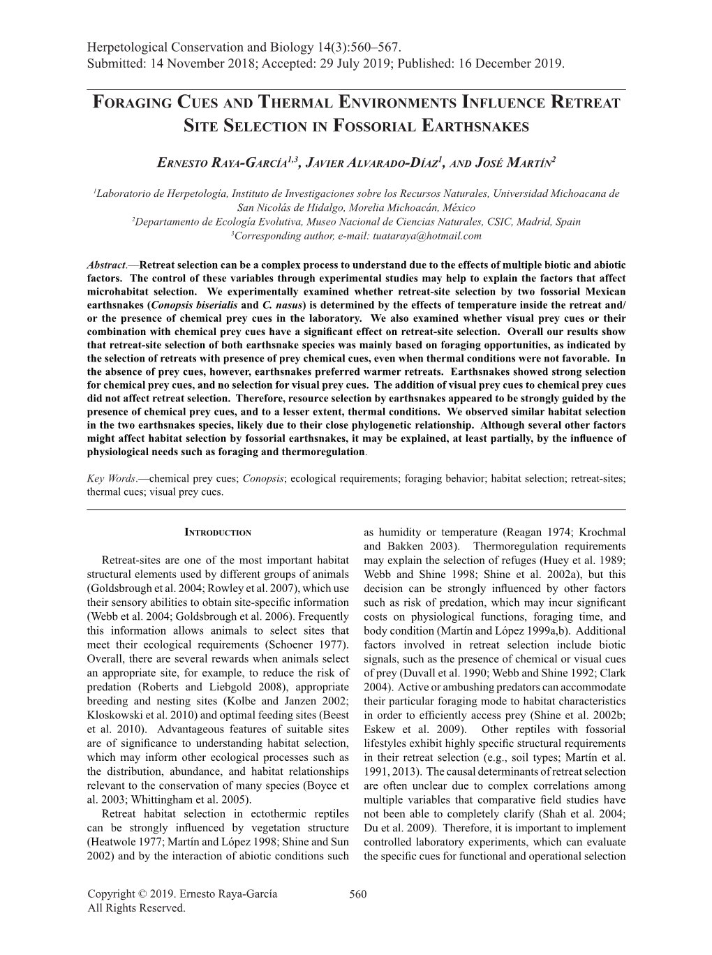 Foraging Cues and Thermal Environments Influence Retreat Site Selection in Fossorial Earthsnakes