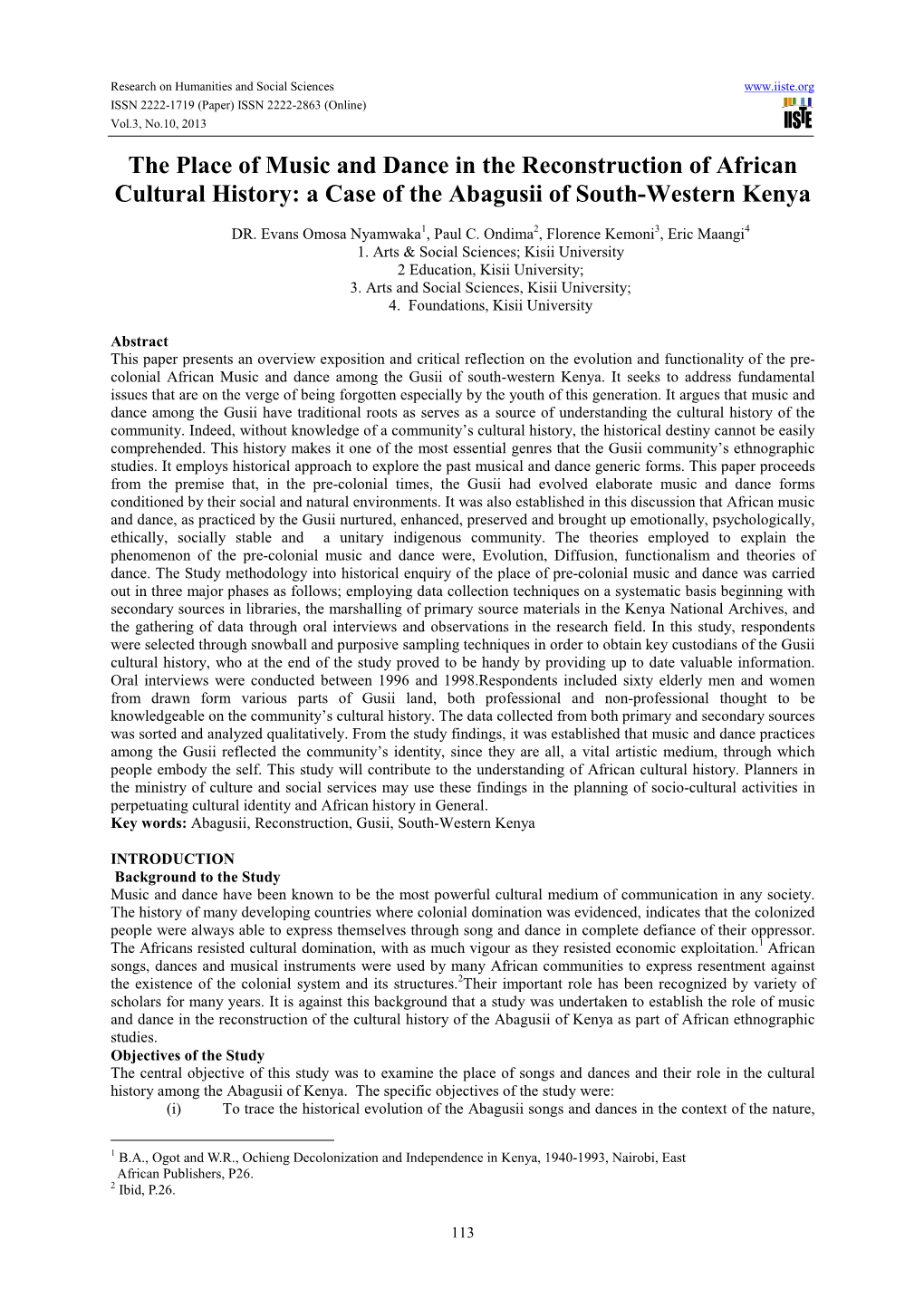 The Place of Music and Dance in the Reconstruction of African Cultural History: a Case of the Abagusii of South-Western Kenya