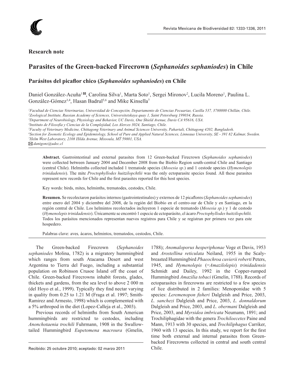 Parasites of the Green-Backed Firecrown (Sephanoides Sephaniodes) in Chile