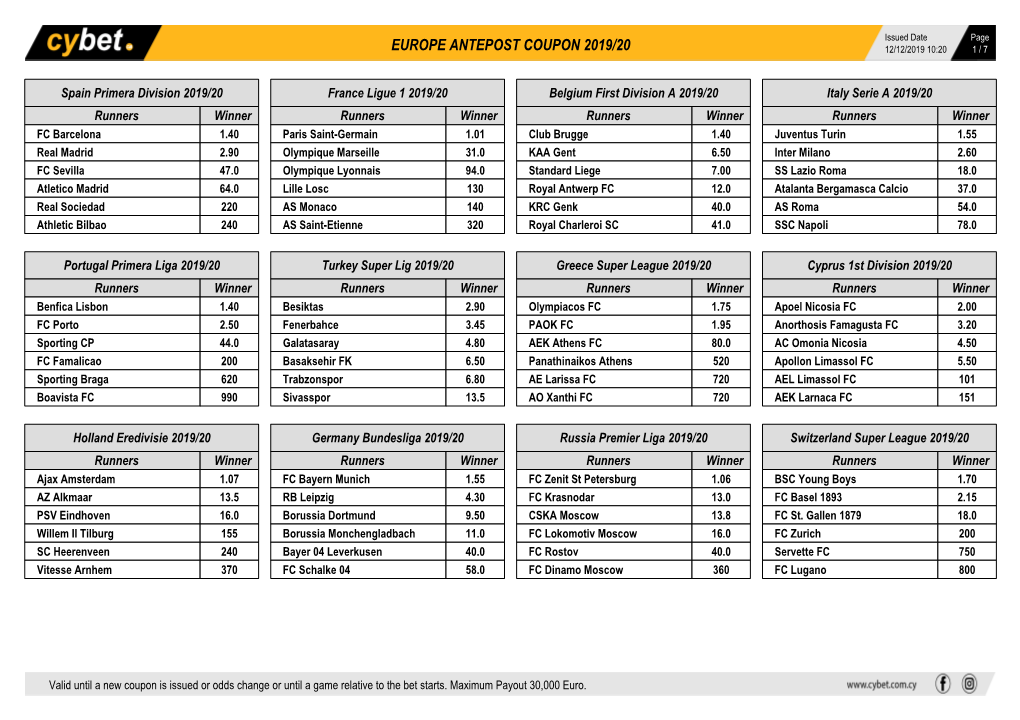 Europe Antepost Coupon 2019/20 12/12/2019 10:20 1 / 7