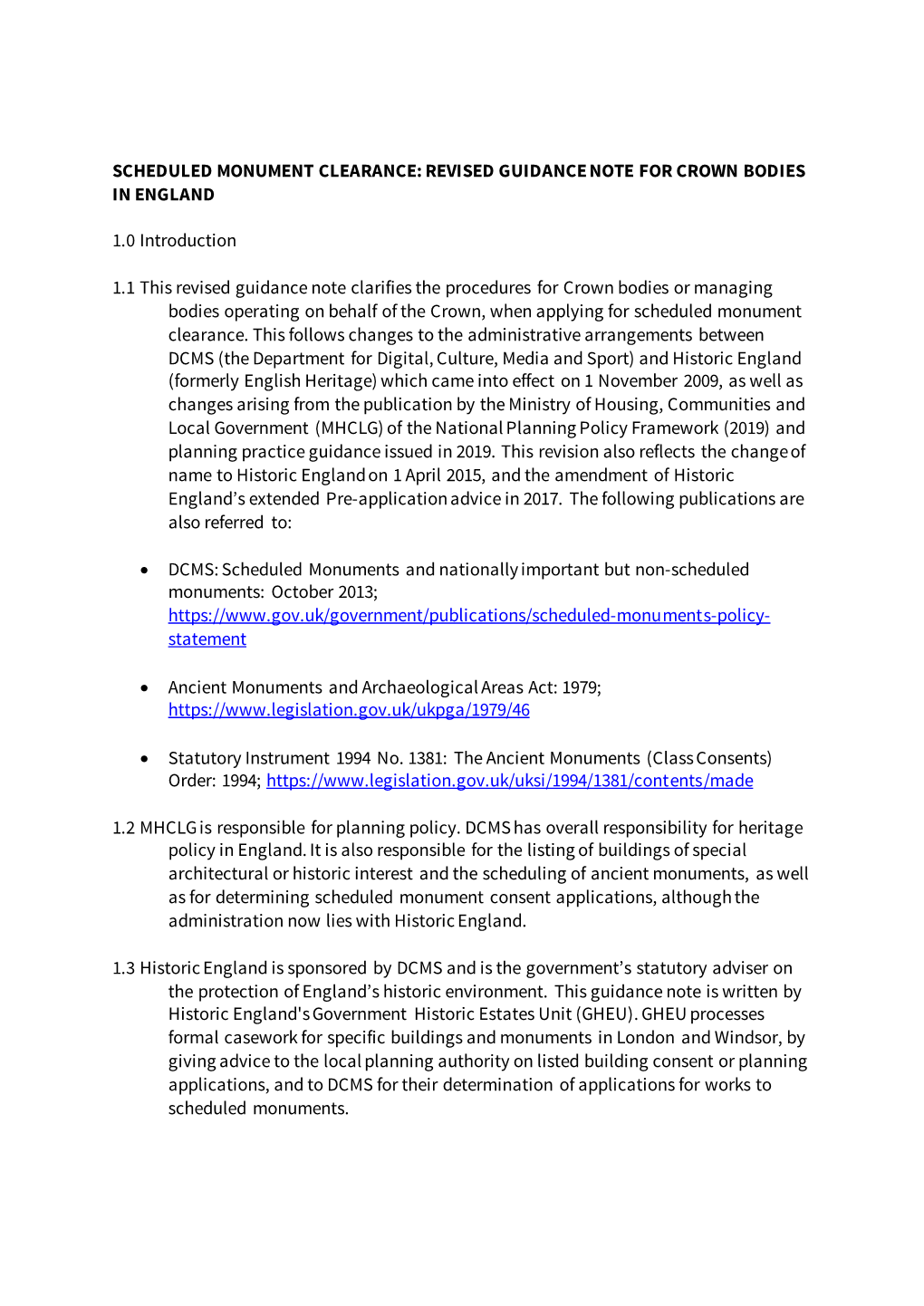 Scheduled Monument Clearance: Revised Guidance Note for Crown Bodies in England