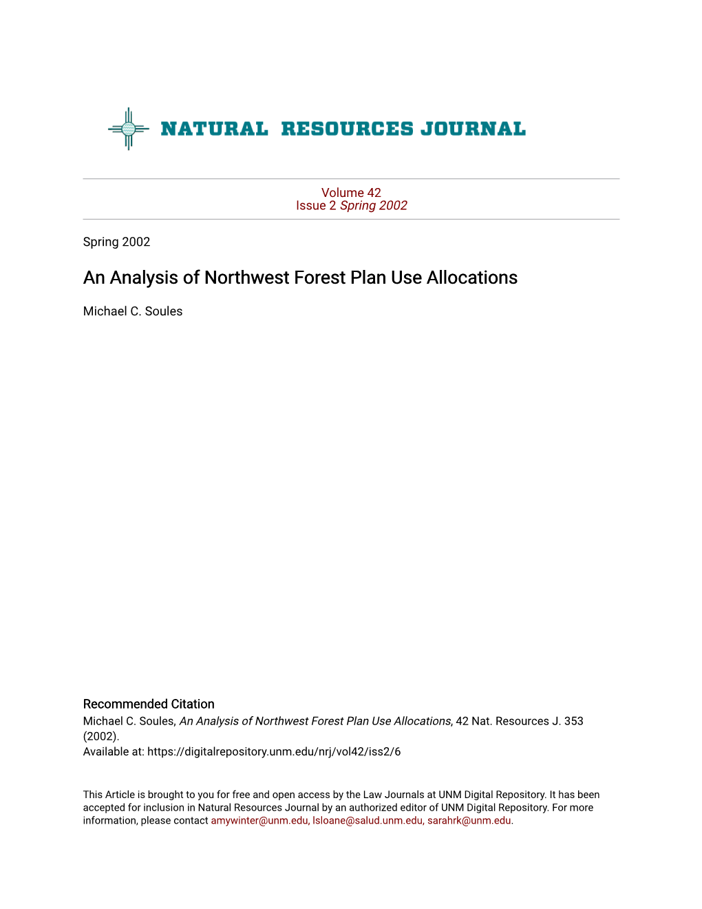 An Analysis of Northwest Forest Plan Use Allocations