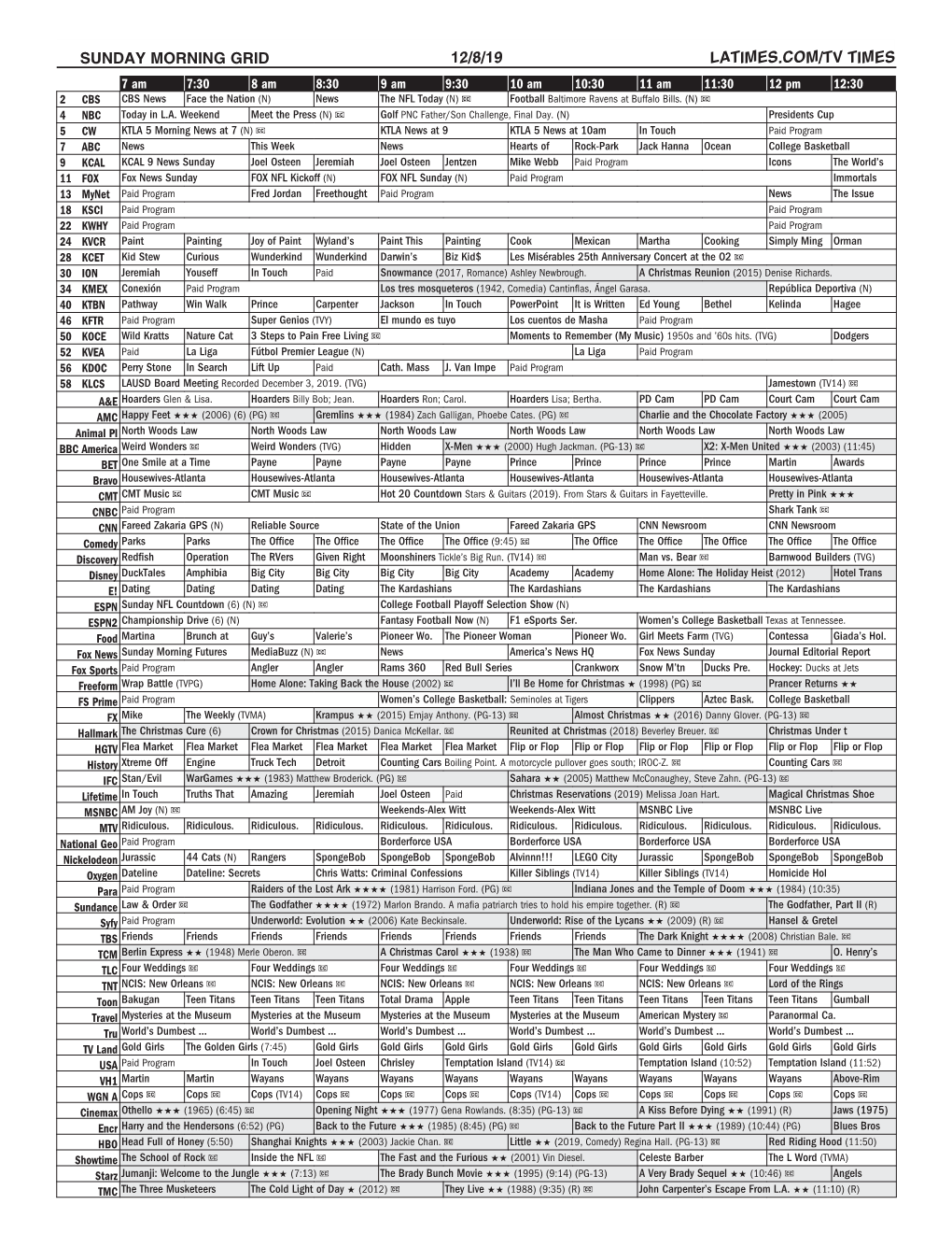 Sunday Morning Grid 12/8/19 Latimes.Com/Tv Times