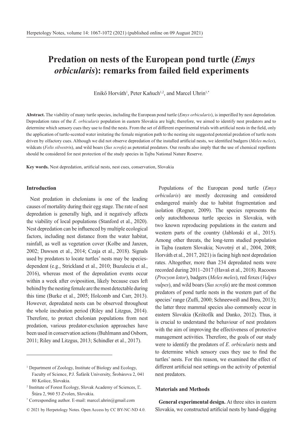 Predation on Nests of the European Pond Turtle (Emys Orbicularis): Remarks from Failed Field Experiments