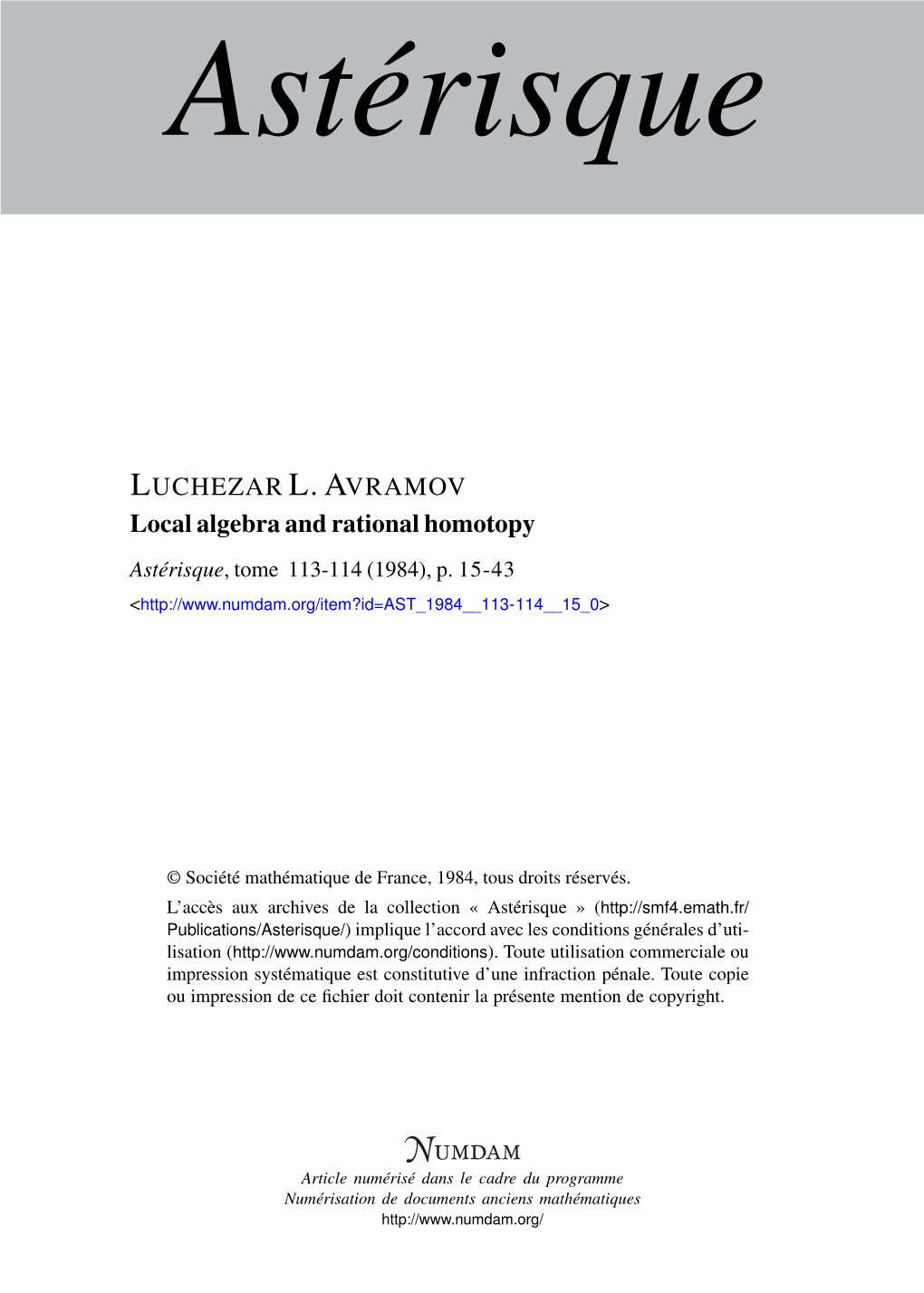 Local Algebra and Rational Homotopy Astérisque, Tome 113-114 (1984), P