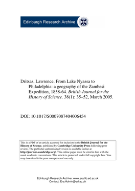 Dritsas, Lawrence. from Lake Nyassa to Philadelphia: a Geography of the Zambesi Expedition, 1858-64