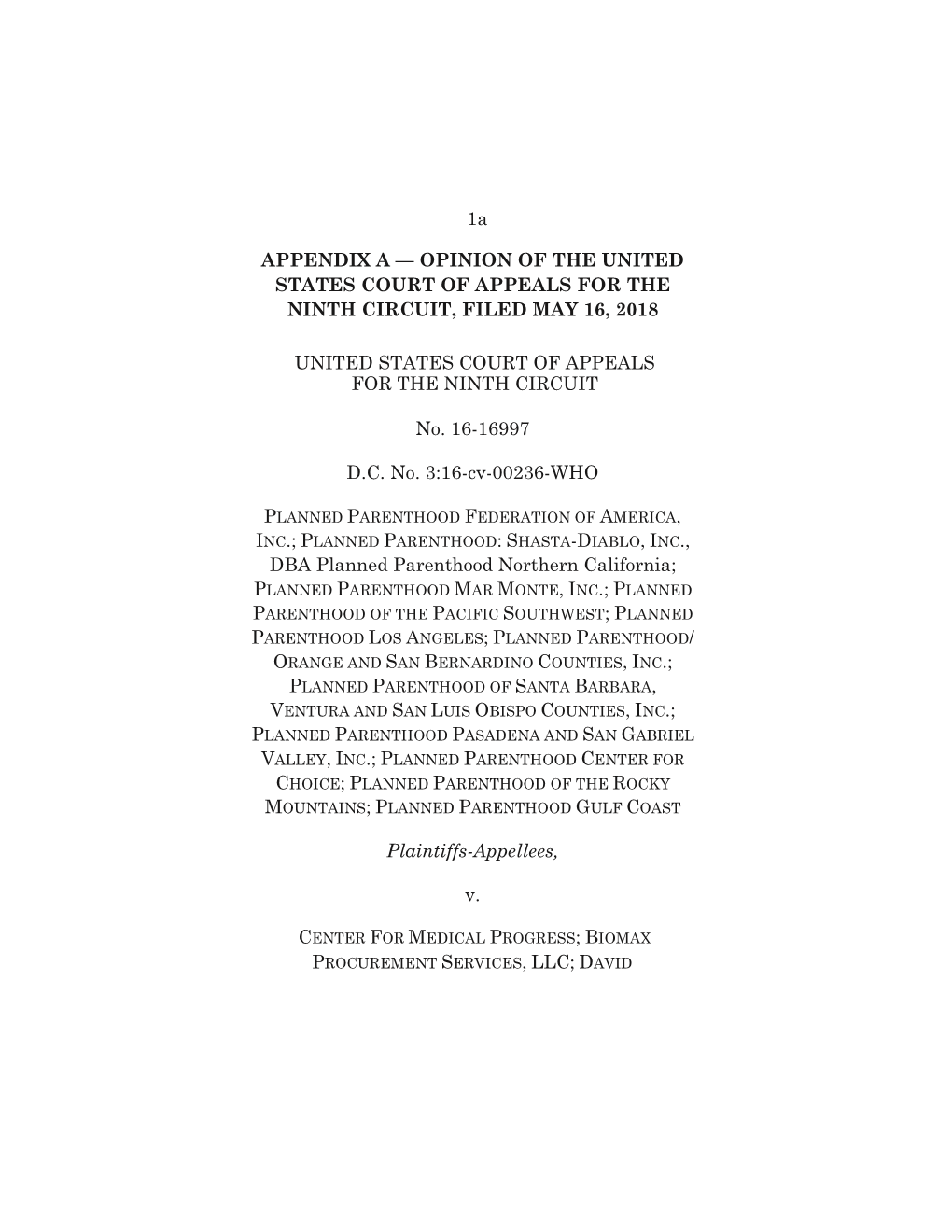 Appendix a — Opinion of the United States Court of Appeals for the Ninth Circuit, Filed May 16, 2018