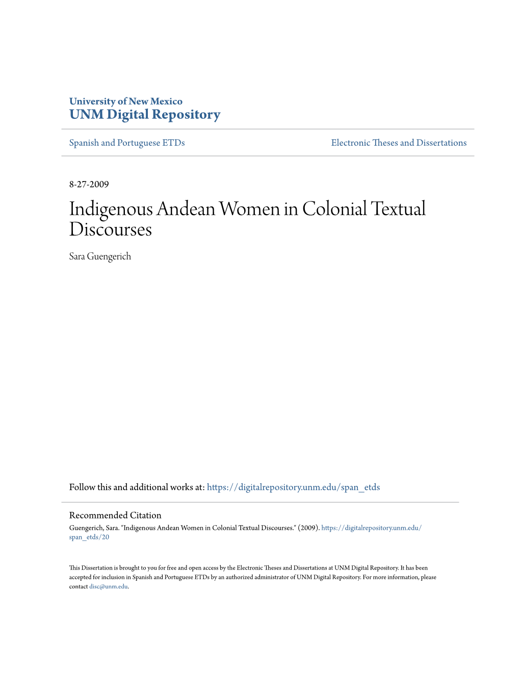 Indigenous Andean Women in Colonial Textual Discourses Sara Guengerich