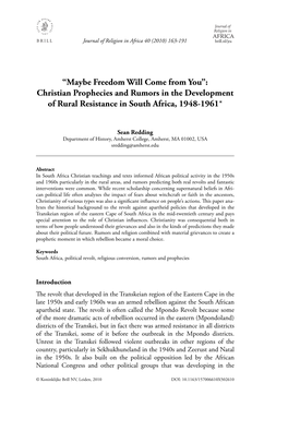 Christian Prophecies and Rumors in the Development of Rural Resistance in South Africa, 1948-1961*