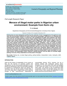 Menace of Illegal Motor Parks in Nigerian Urban Environment: Example from Ilorin City