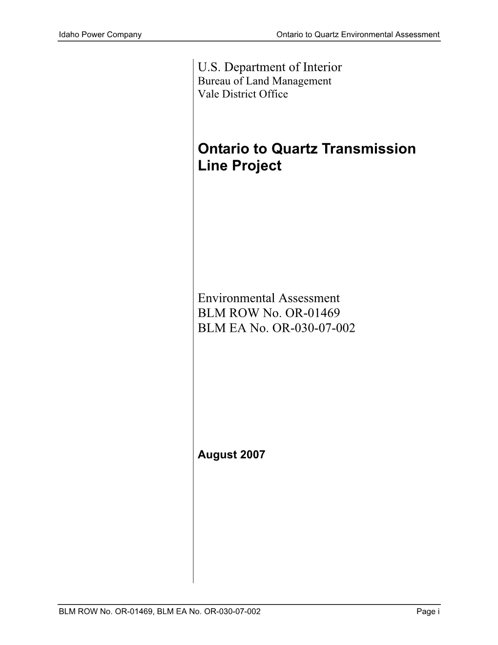 Ontario to Quartz Transmission Line Project