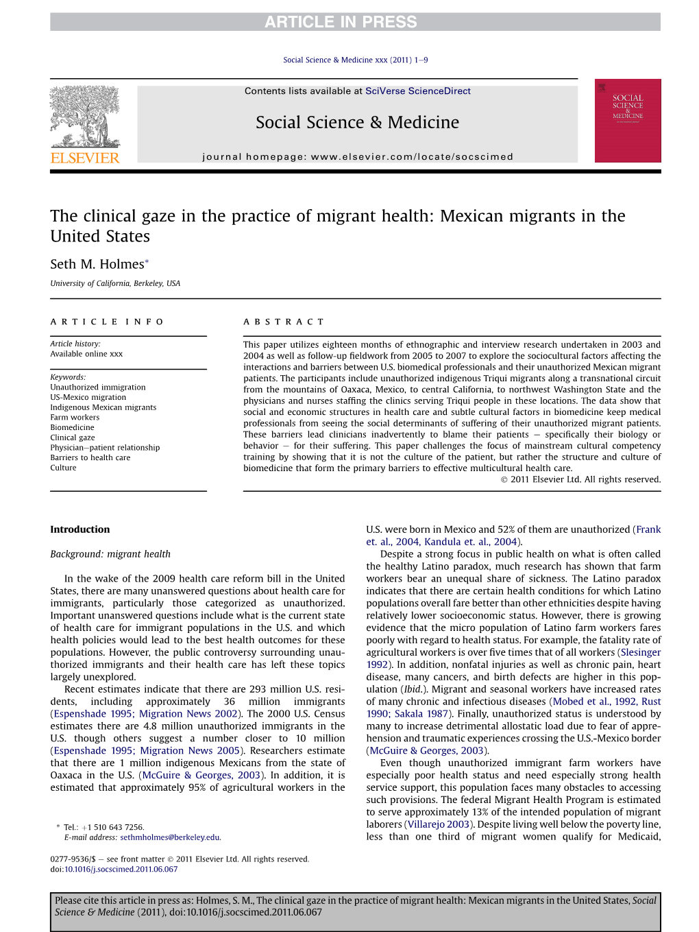 The Clinical Gaze in the Practice of Migrant Health: Mexican Migrants in the United States