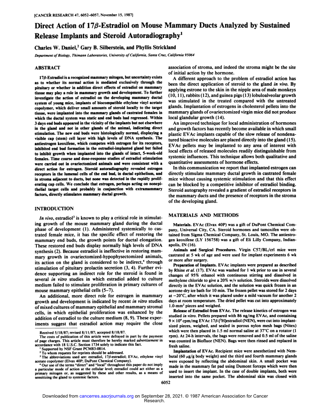 Direct Action of 17/3-Estradiol on Mouse Mammary Ducts Analyzed by Sustained Release Implants and Steroid Autoradiography1