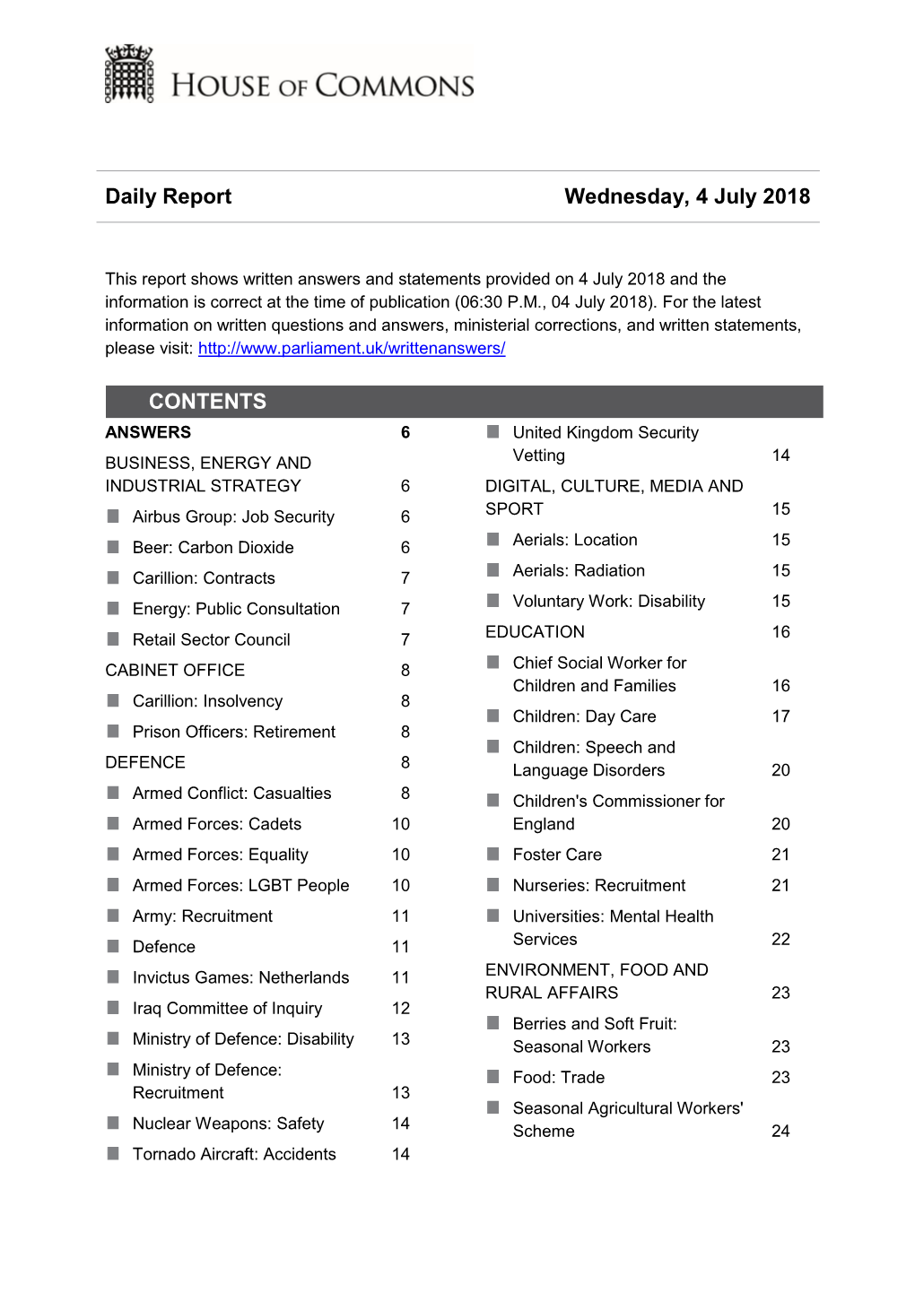 Daily Report Wednesday, 4 July 2018 CONTENTS