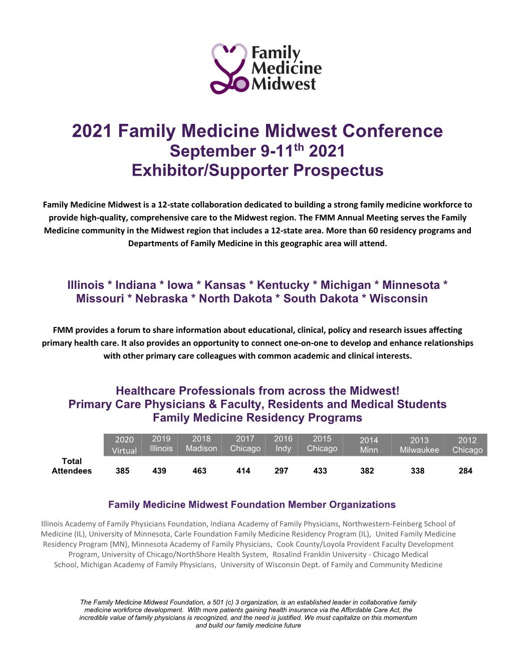 2021 Family Medicine Midwest Conference September 9-11Th 2021 Exhibitor/Supporter Prospectus