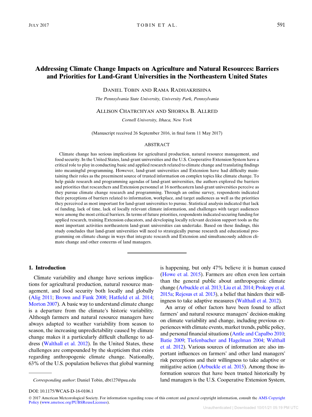 Addressing Climate Change Impacts on Agriculture and Natural Resources: Barriers and Priorities for Land-Grant Universities in the Northeastern United States