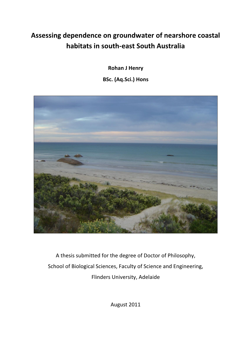 Assessing Dependence on Groundwater of Nearshore Coastal Habitats in South-East South Australia