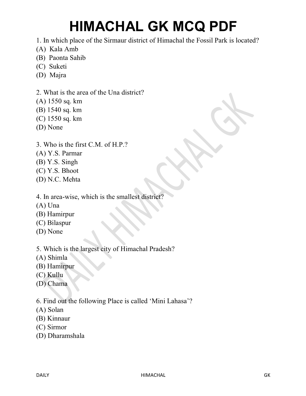 Himachal Gk Mcq Pdf 1