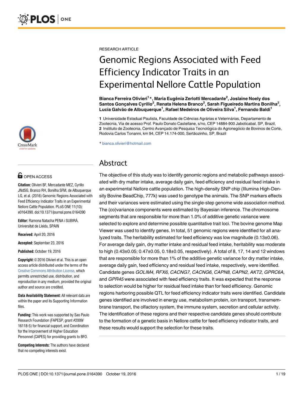 Genomic Regions Associated with Feed Efficiency Indicator Traits in an Experimental Nellore Cattle Population