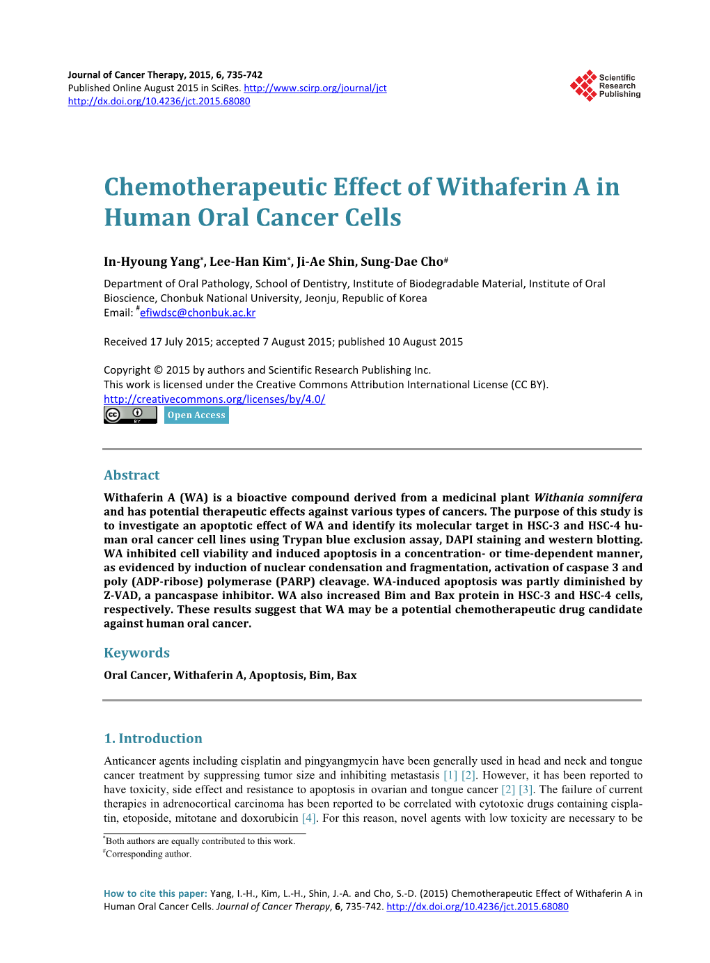 Chemotherapeutic Effect of Withaferin a in Human Oral Cancer Cells