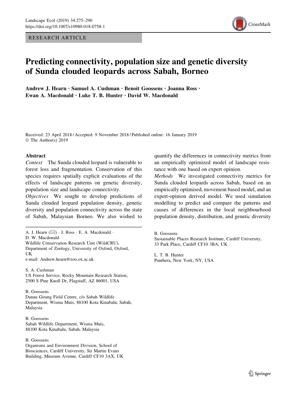 Predicting Connectivity, Population Size and Genetic Diversity of Sunda Clouded Leopards Across Sabah, Borneo