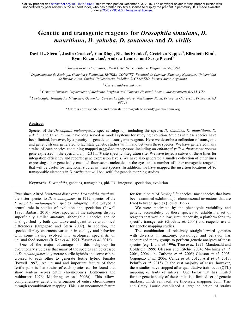 Genetic and Transgenic Reagents for Drosophila Simulans, D. Mauritiana, D