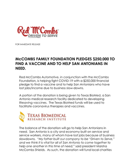 Mccombs FAMILY FOUNDATION PLEDGES $250,000 to FIND a VACCINE and to HELP SAN ANTONIANS in NEED