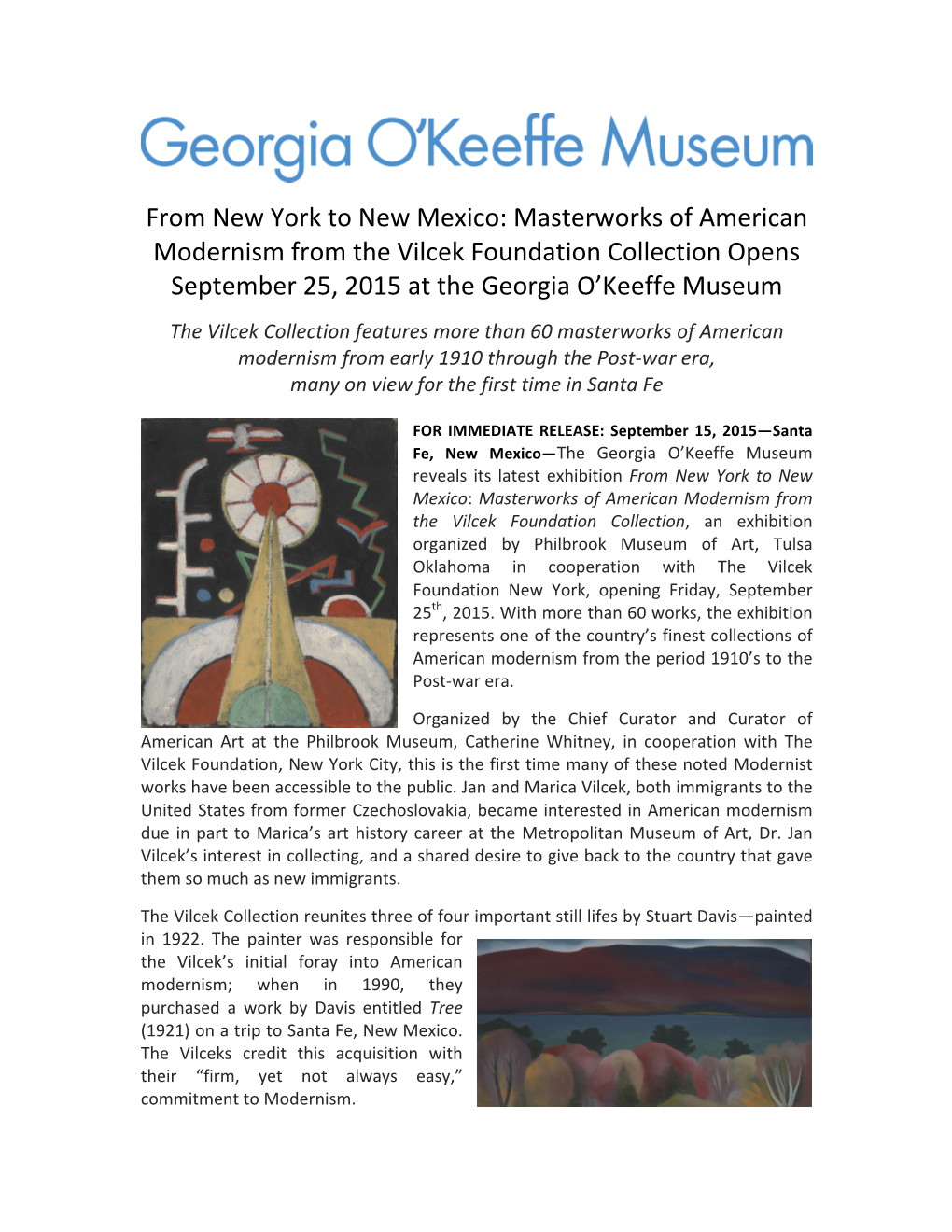 Masterworks of American Modernism from the Vilcek Foundation Collection Opens September 25, 2015 at the Georgia O’Keeffe Museum