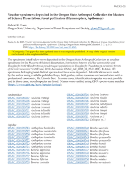 Voucher Specimens Deposited in the Oregon State Arthropod Collection for Masters of Science Dissertation, Forest Pollinators (Hymenoptera, Apiformes)