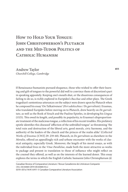 John Christopherson's Plutarch and the Mid-Tudor Politics of Catholic