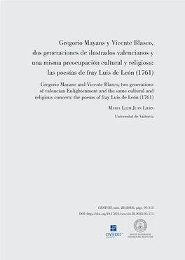 Gregorio Mayans Y Vicente Blasco, Dos Generaciones De Ilustrados Valencianos Y Una Misma Preocupación Cultural Y Religiosa: Las Poesías De Fray Luis De León (1761)