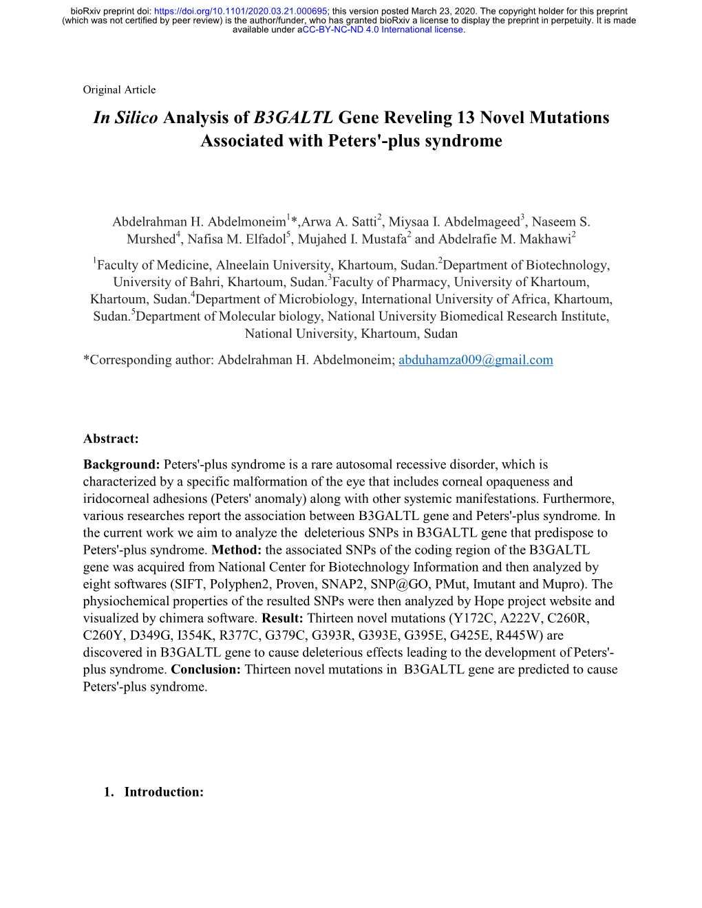 In Silico Analysis of B3GALTL Gene Reveling 13 Novel Mutations Associated with Peters'-Plus Syndrome