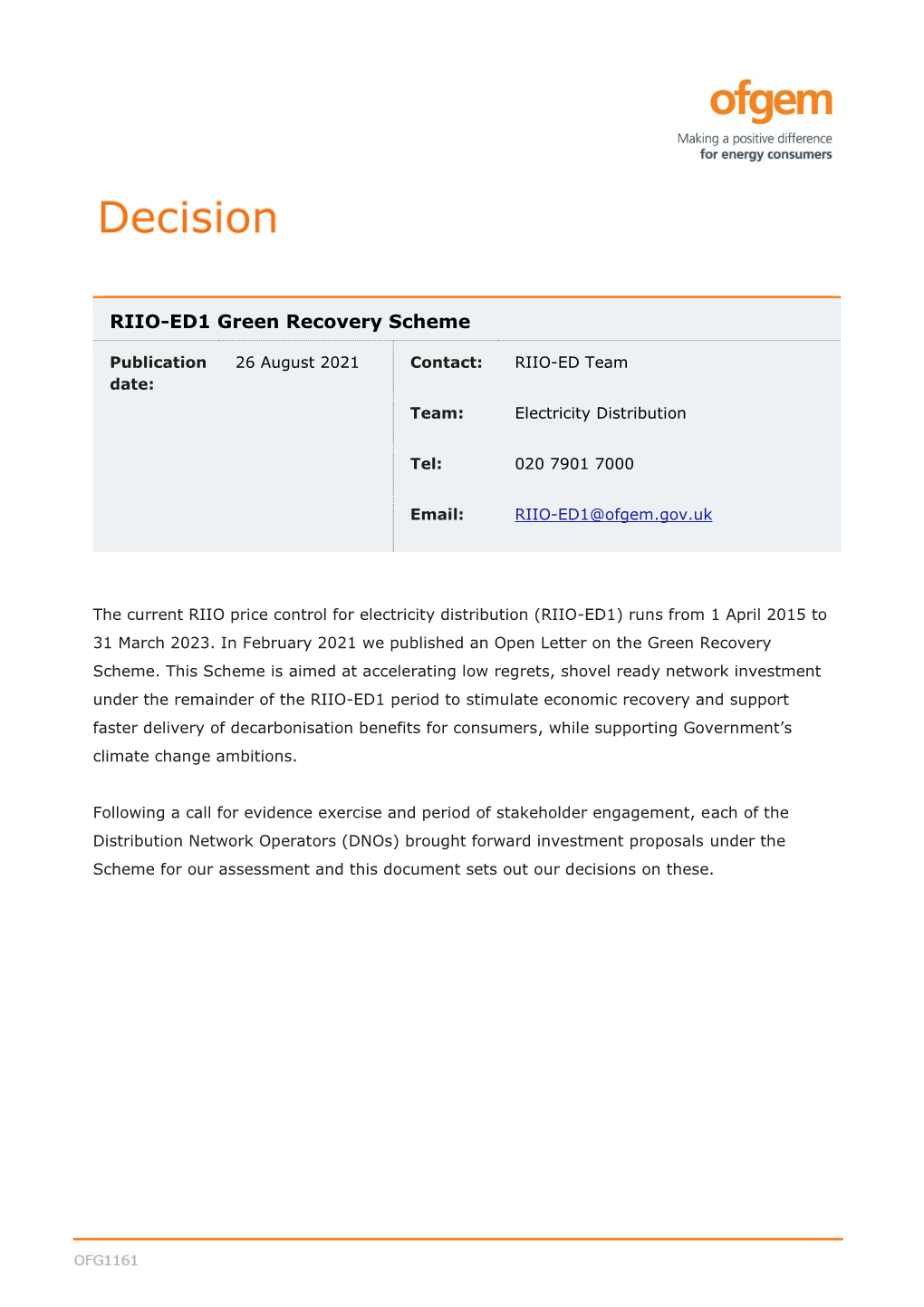 DNO Green Recovery Scheme, Decision Document