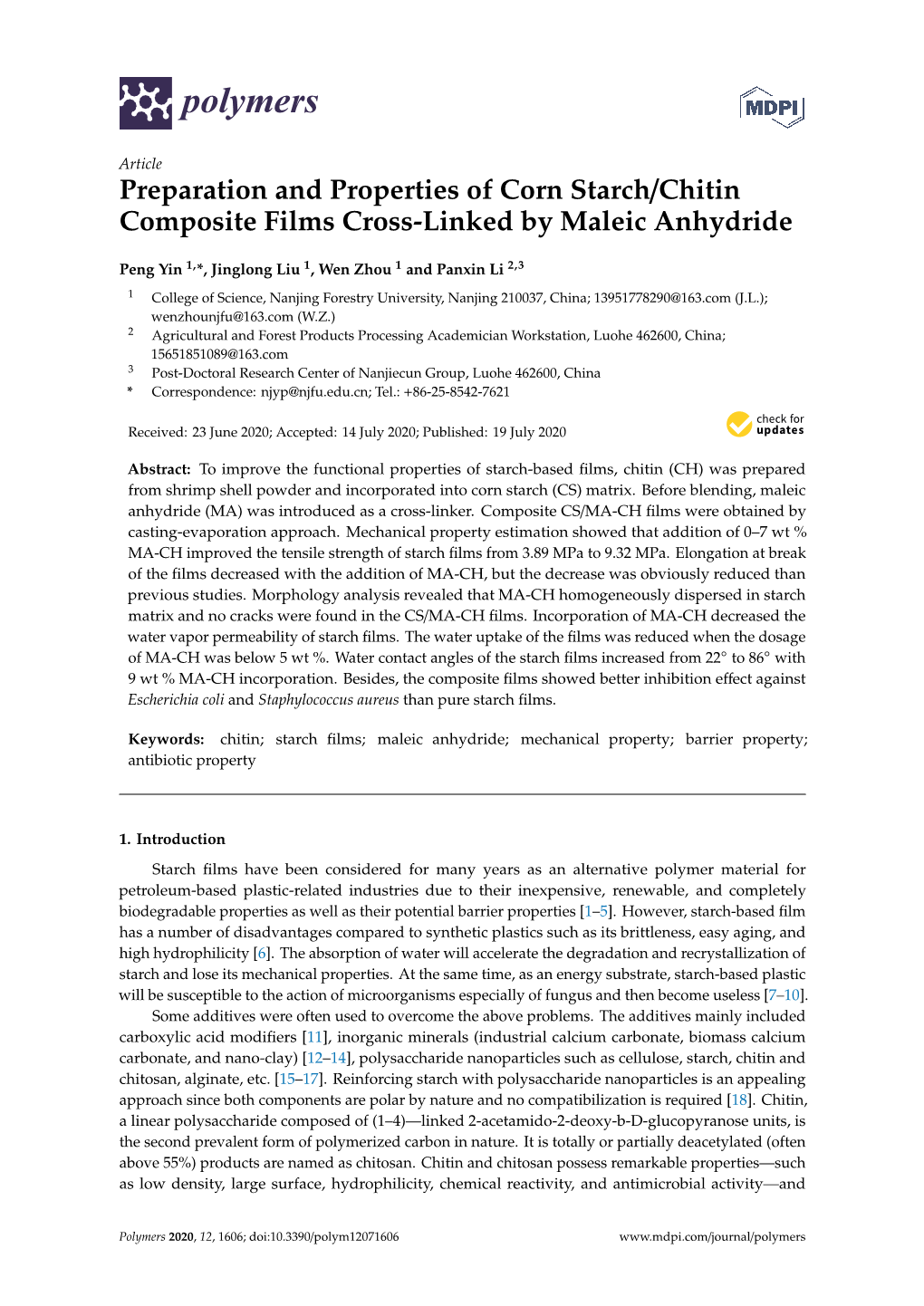 Preparation and Properties of Corn Starch/Chitin Composite Films Cross-Linked by Maleic Anhydride