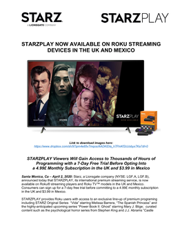 Starzplay Now Available on Roku Streaming Devices in the Uk and Mexico