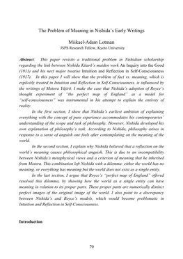 The Problem of Meaning in Nishida's Early Writings Miikael-Adam Lotman