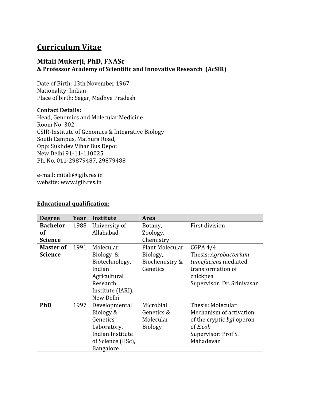 Curriculum Vitae Mitali Mukerji, Phd, Fnasc & Professor Academy of Scientific and Innovative Research (Acsir)