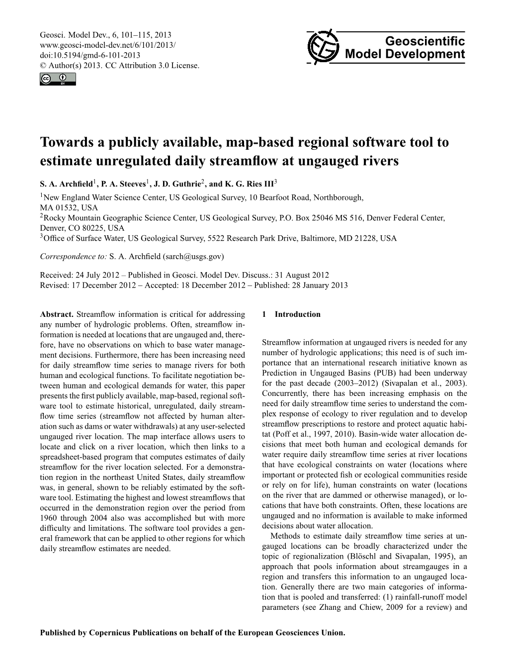 Towards a Publicly Available, Map-Based Regional Software Tool to Estimate Unregulated Daily Streamﬂow at Ungauged Rivers