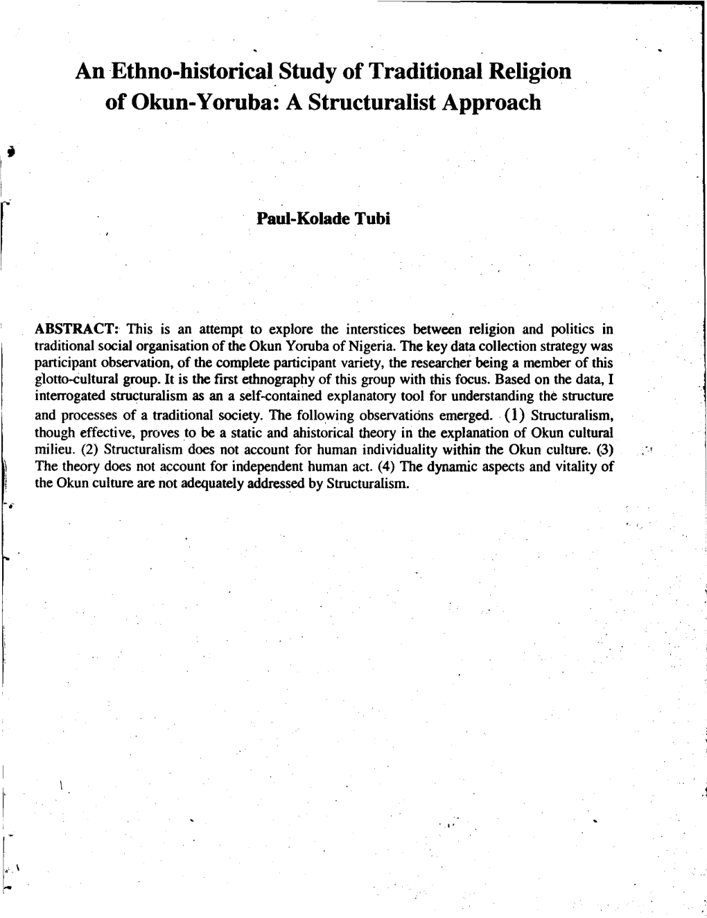 An Ethno-Historical Study of Traditional Religion of Okun-Yoruba: a Structuralist Approach